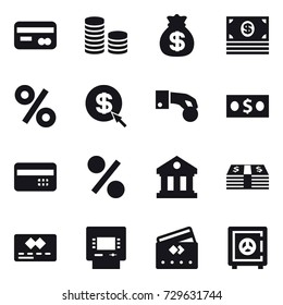 16 vector icon set : card, coin stack, money bag, money, percent, dollar arrow, hand coin, credit card, library, atm, safe