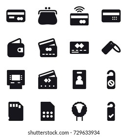 16 vector icon set : card, purse, tap to pay, credit card, wallet, atm, identity card, do not distrub, sheep, please clean
