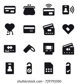 16 vector icon set : card, purse, tap to pay, pass card, cardio chip, credit card, atm, identity card, do not distrub, please clean