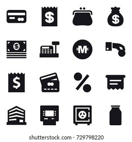 16 vector icon set : card, receipt, purse, money bag, money, cashbox, crypto currency, hand coin, credit card, percent, atm receipt, atm, safe