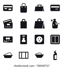 16 vector icon set : card, shopping bag, credit card, cleanser, identity card, power socket, power switch, washing, window, foam basin, toilet cleanser