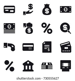 16 vector icon set : card, investment, money bag, money, money gift, percent, dollar arrow, hand coin, credit card, account balance, library, atm
