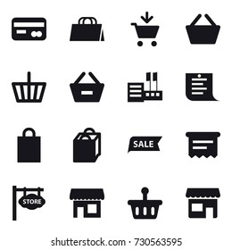 16 vector icon set : card, shopping bag, add to cart, basket, remove from basket, store, shopping list, sale, atm receipt, store signboard, shop