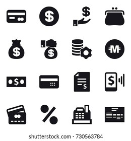 16 vector icon set : card, dollar, investment, purse, money bag, money gift, virtual mining, crypto currency, money, credit card, account balance, mobile pay, percent, cashbox