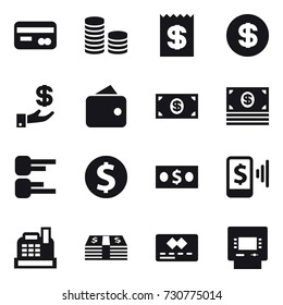 16 vector icon set : card, coin stack, receipt, dollar, investment, wallet, money, diagram, dollar coin, mobile pay, cashbox, atm