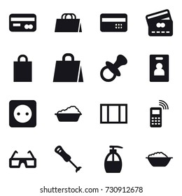 16 vector icon set : card, shopping bag, credit card, nipple, identity card, power socket, washing, window, liquid soap, foam basin