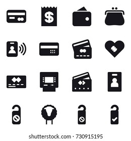 16 vector icon set : card, receipt, wallet, purse, pass card, credit card, atm, identity card, do not distrub, sheep, please clean
