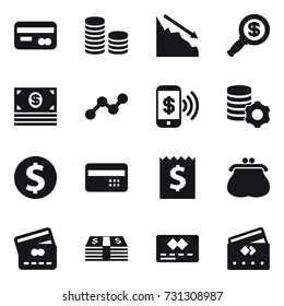 16 vector icon set : card, coin stack, crisis, dollar magnifier, money, graph, phone pay, virtual mining, dollar coin, credit card, receipt, purse