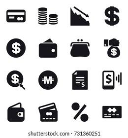 16 vector icon set : card, coin stack, crisis, dollar, wallet, purse, money gift, dollar arrow, crypto currency, account balance, mobile pay, credit card, percent