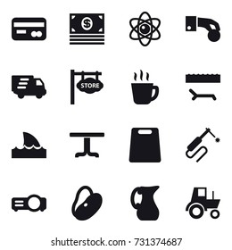 16 vector icon set : card, money, atom, hand coin, delivery, store signboard, hot drink, lounger, shark flipper, table, cutting board, jug, tractor