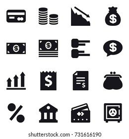 16 vector icon set : card, coin stack, crisis, money bag, money, diagram, money message, graph up, receipt, account balance, purse, percent, library, credit card, safe