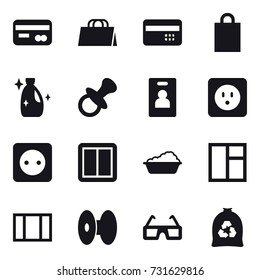 16 vector icon set : card, shopping bag, credit card, cleanser, nipple, identity card, power socket, power switch, washing, window, garbage bag