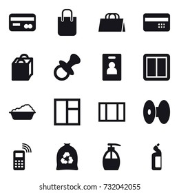 16 vector icon set : card, shopping bag, credit card, nipple, identity card, power switch, washing, window, garbage bag, liquid soap, toilet cleanser