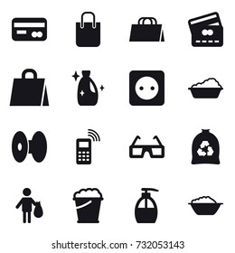 16 vector icon set : card, shopping bag, credit card, cleanser, power socket, washing, garbage bag, trash, foam bucket, liquid soap, foam basin