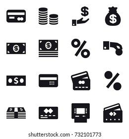 16 vector icon set : card, coin stack, investment, money bag, money, percent, hand coin, credit card, atm