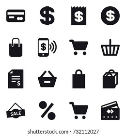16 vector icon set : card, dollar, receipt, shopping bag, phone pay, cart, basket, account balance, remove from basket, sale, percent, credit card