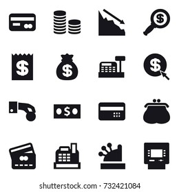 16 vector icon set : card, coin stack, crisis, dollar magnifier, receipt, money bag, cashbox, dollar arrow, hand coin, money, credit card, purse, atm