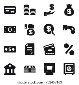 16 vector icon set : card, coin stack, investment, money bag, money, money gift, dollar arrow, hand coin, account balance, credit card, percent, library, atm, safe