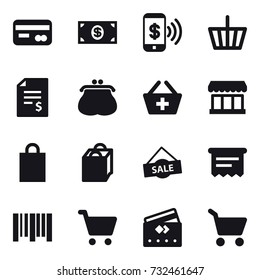 16 vector icon set : card, money, phone pay, basket, account balance, purse, add to basket, market, shopping bag, sale, atm receipt, credit card, cart