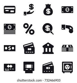 16 vector icon set : card, investment, money bag, money, percent, dollar arrow, hand coin, credit card, library, atm, safe