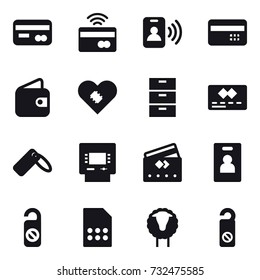 16 vector icon set : card, tap to pay, pass card, credit card, wallet, atm, identity card, do not distrub, sheep