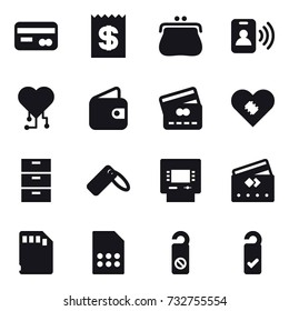 16 vector icon set : card, receipt, purse, pass card, cardio chip, wallet, credit card, atm, do not distrub, please clean