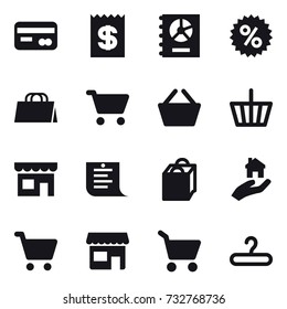 16 vector icon set : card, receipt, annual report, percent, shopping bag, cart, basket, shop, shopping list, real estate, hanger