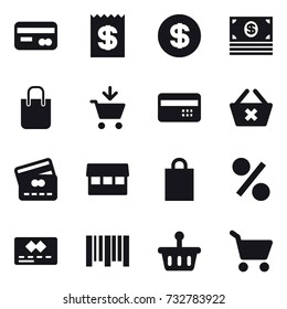 16 vector icon set : card, receipt, dollar, money, shopping bag, add to cart, credit card, delete cart, market, percent, cart