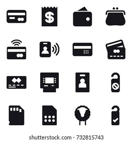 16 vector icon set : card, receipt, wallet, purse, tap to pay, pass card, credit card, atm, identity card, do not distrub, sheep, please clean