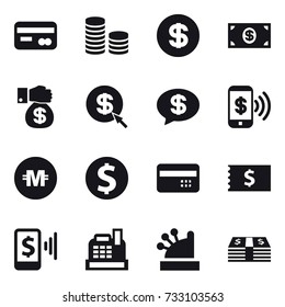 16 vector icon set : card, coin stack, dollar, money, money gift, dollar arrow, money message, phone pay, crypto currency, dollar coin, credit card, receipt, mobile pay, cashbox
