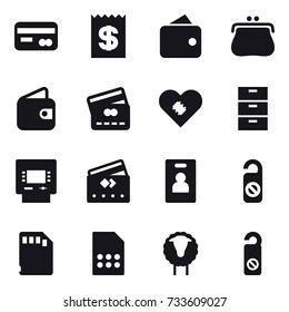16 vector icon set : card, receipt, wallet, purse, credit card, atm, identity card, do not distrub, sheep
