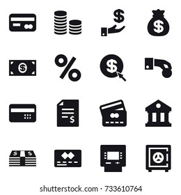 16 vector icon set : card, coin stack, investment, money bag, money, percent, dollar arrow, hand coin, credit card, account balance, library, atm, safe