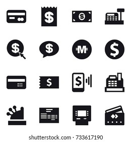 16 vector icon set : card, receipt, money, cashbox, dollar arrow, money message, crypto currency, dollar coin, credit card, mobile pay, atm
