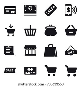 16 vector icon set : card, money, sale, phone pay, add to cart, basket, purse, remove from basket, shopping list, market, shopping bag, cart