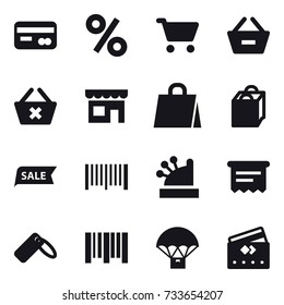 16 vector icon set : card, percent, cart, remove from basket, delete cart, shop, shopping bag, sale, barcode, cashbox, atm receipt, credit card