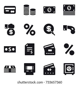 16 vector icon set : card, coin stack, money, money gift, percent, dollar arrow, hand coin, account balance, credit card, atm, safe