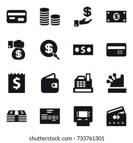 16 vector icon set : card, coin stack, investment, money, money gift, dollar arrow, credit card, receipt, wallet, cashbox, atm