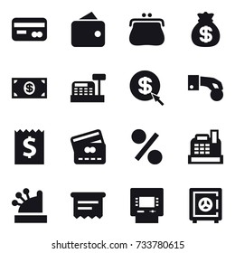 16 vector icon set : card, wallet, purse, money bag, money, cashbox, dollar arrow, hand coin, receipt, credit card, percent, atm receipt, atm, safe