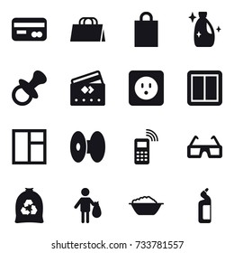 16 vector icon set : card, shopping bag, cleanser, nipple, credit card, power socket, power switch, window, garbage bag, trash, foam basin, toilet cleanser