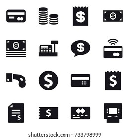 16 vector icon set : card, coin stack, receipt, money, cashbox, money message, tap to pay, hand coin, dollar coin, credit card, account balance, atm