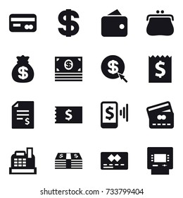 16 vector icon set : card, dollar, wallet, purse, money bag, money, dollar arrow, receipt, account balance, mobile pay, credit card, cashbox, atm