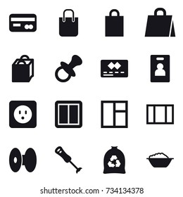 16 vector icon set : card, shopping bag, nipple, identity card, power socket, power switch, window, garbage bag, foam basin