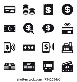16 vector icon set : card, coin stack, receipt, dollar, money, dollar arrow, money message, tap to pay, phone pay, mobile pay, cashbox, atm, credit card