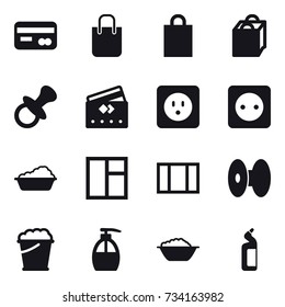 16 vector icon set : card, shopping bag, nipple, credit card, power socket, washing, window, foam bucket, liquid soap, foam basin, toilet cleanser