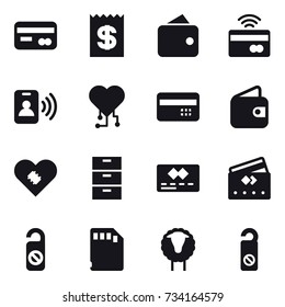 16 vector icon set : card, receipt, wallet, tap to pay, pass card, cardio chip, credit card, do not distrub, sheep