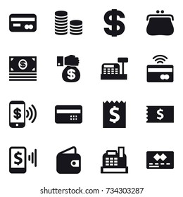 16 vector icon set : card, coin stack, dollar, purse, money, money gift, cashbox, tap to pay, phone pay, credit card, receipt, mobile pay, wallet