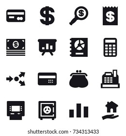 16 vector icon set : card, dollar, dollar magnifier, receipt, money, presentation, annual report, calculator, core splitting, credit card, purse, cashbox, atm, safe, housing