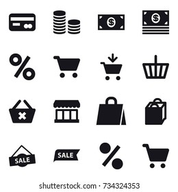 16 vector icon set : card, coin stack, money, percent, cart, add to cart, basket, delete cart, market, shopping bag, sale
