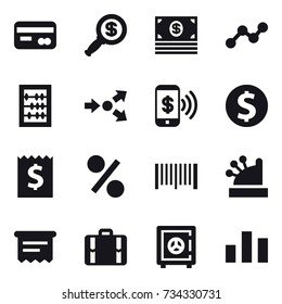 16 vector icon set : card, dollar magnifier, money, graph, abacus, core splitting, phone pay, dollar coin, receipt, percent, barcode, cashbox, atm receipt, suitcase, safe