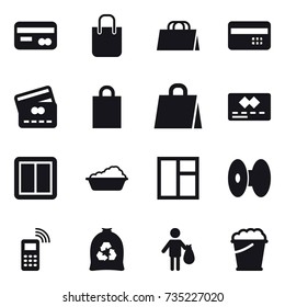 16 vector icon set : card, shopping bag, credit card, power switch, washing, window, garbage bag, trash, foam bucket